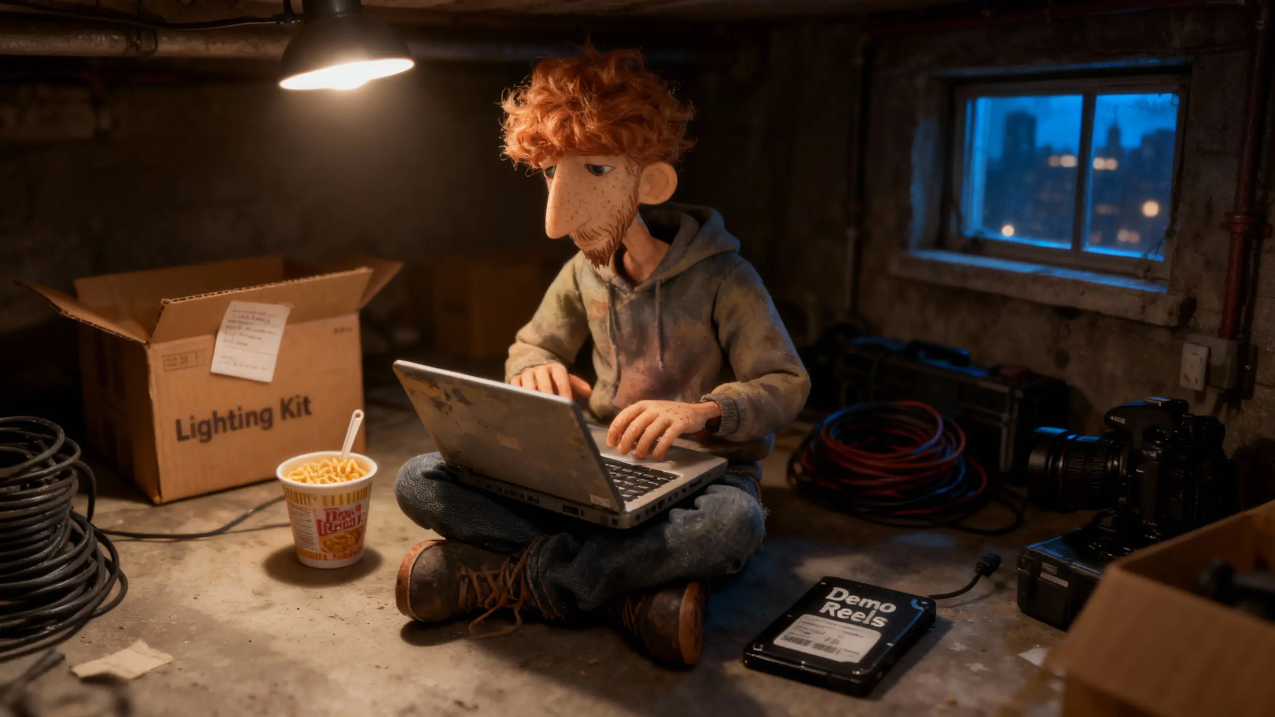 Derek Mullins eats noodles on the floor of a small New York apartment surrounded by boxes and camera gear.