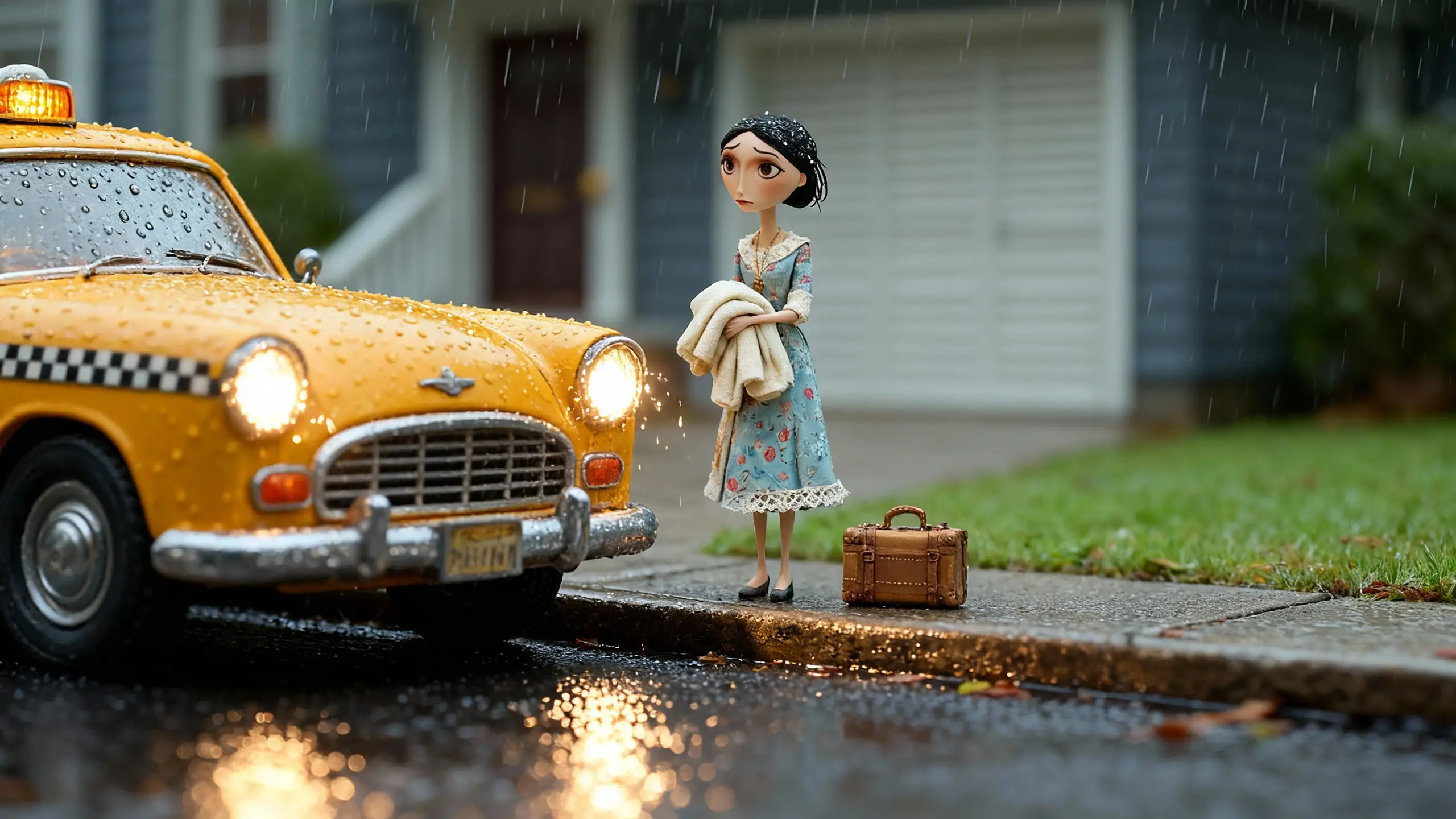 Lou Santos stands in the rain on a Long Island street clutching her coat as a taxi waits beside her.