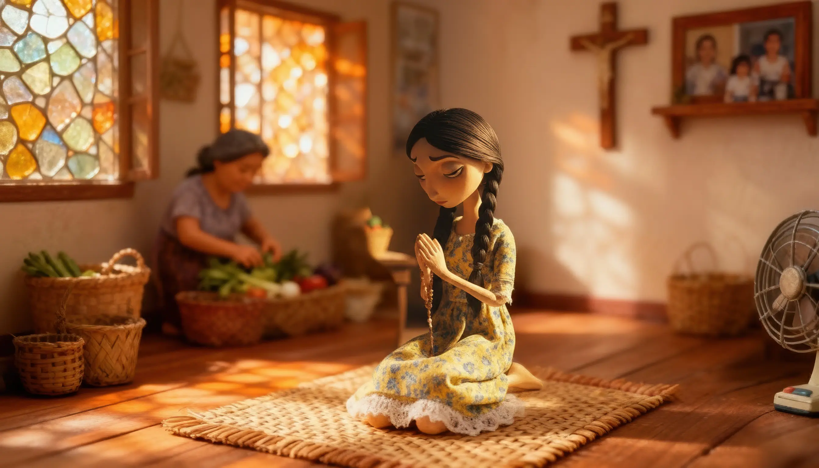 Young Lou Santos kneels on a woven mat in her Cebu home, praying with her rosary in soft morning light.