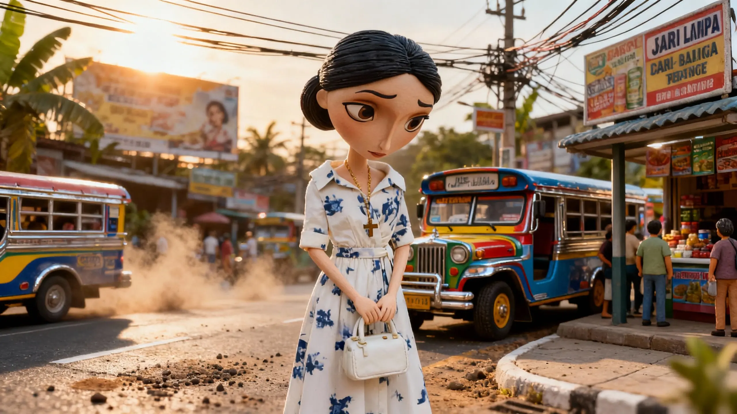 Lou Santos walks along a bustling Philippine street beside colourful jeepneys, holding her small handbag with a solemn expression.