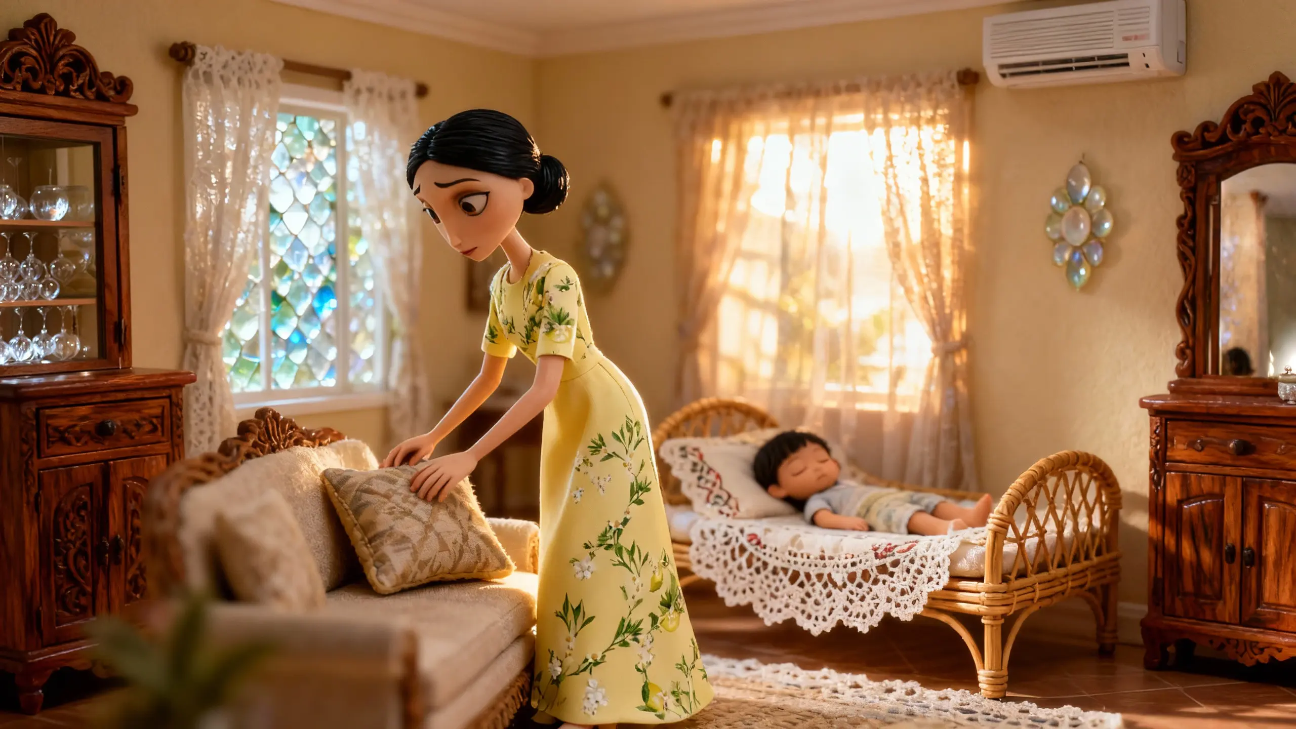 Lou Santos tidies an ornate Manila living room while the child she cares for naps peacefully nearby.