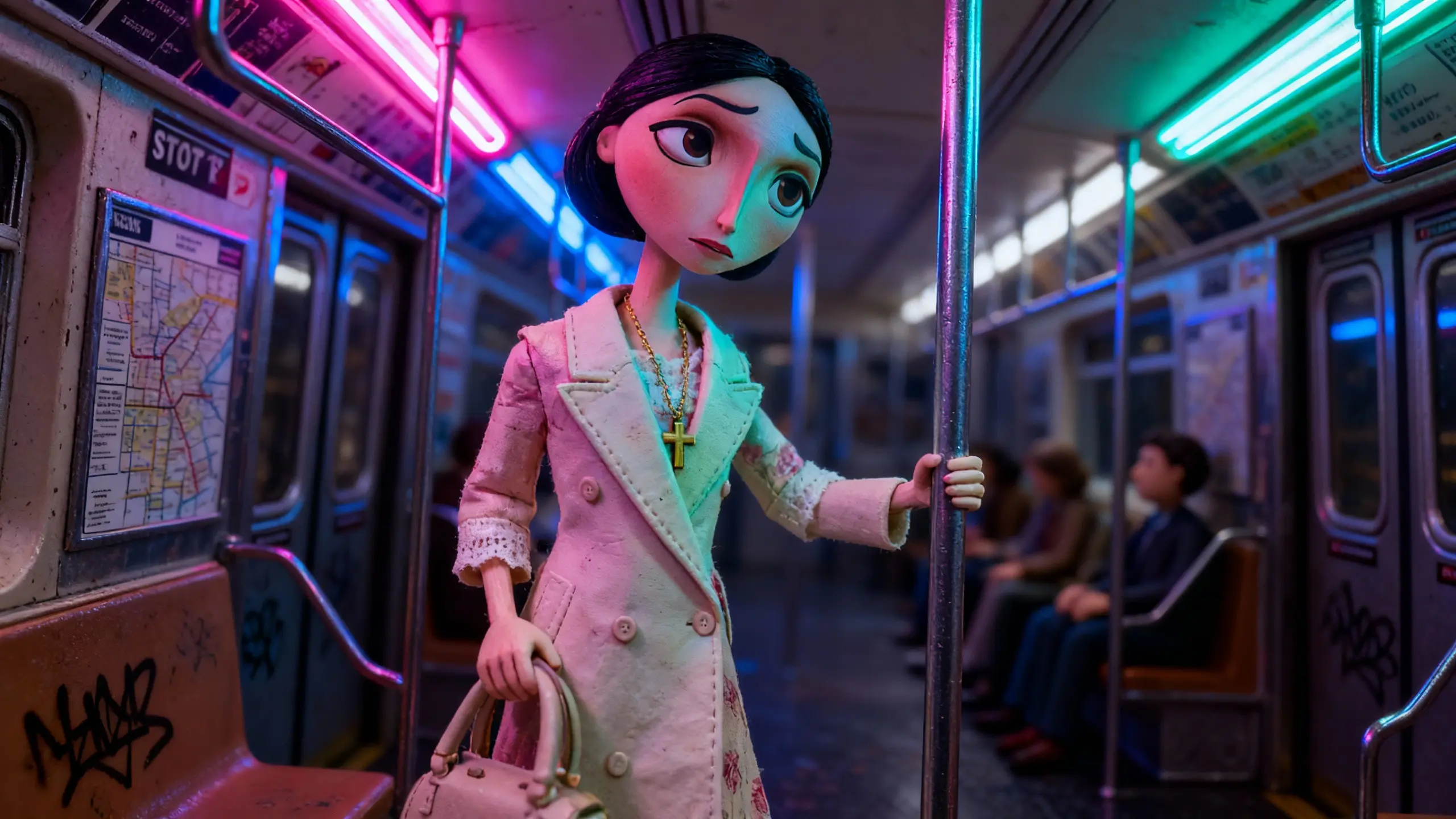 Lou Santos rides a dim early-morning New York subway, standing with her bag and rosary as neon lights streak across her face.