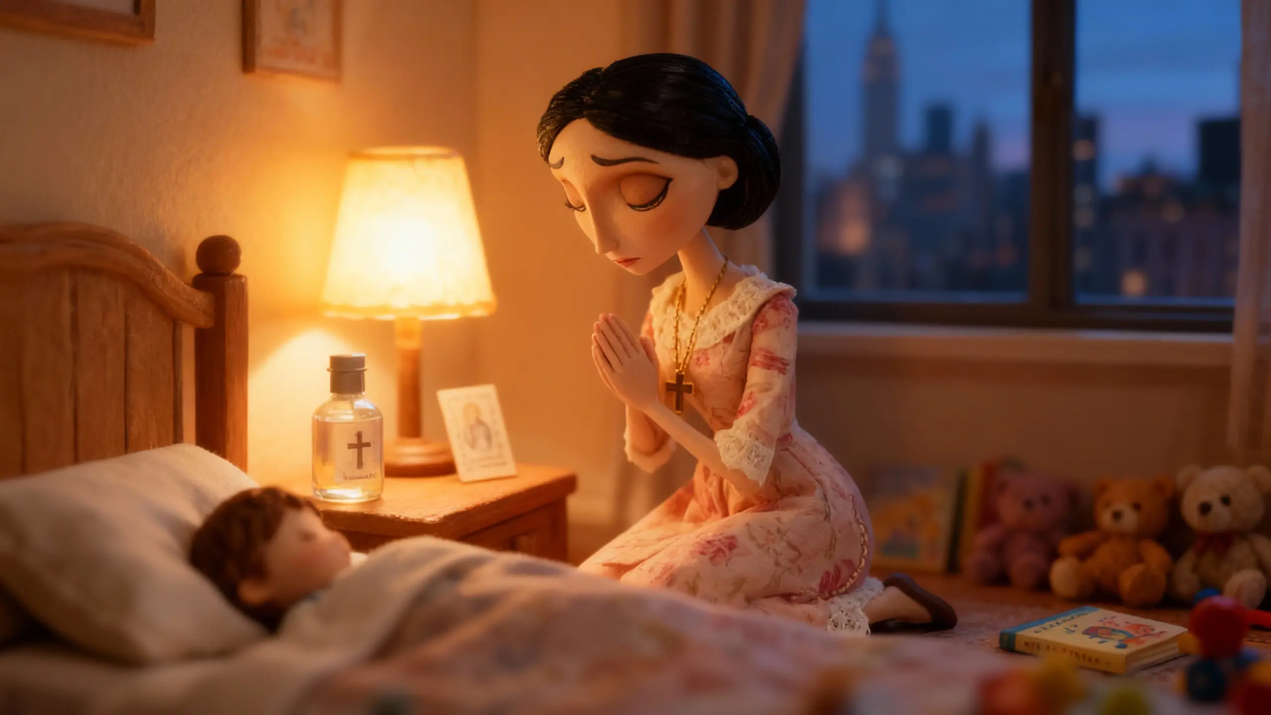 Lou Santos kneels beside a sleeping child’s bed in a Manhattan apartment, praying softly in the lamplight.