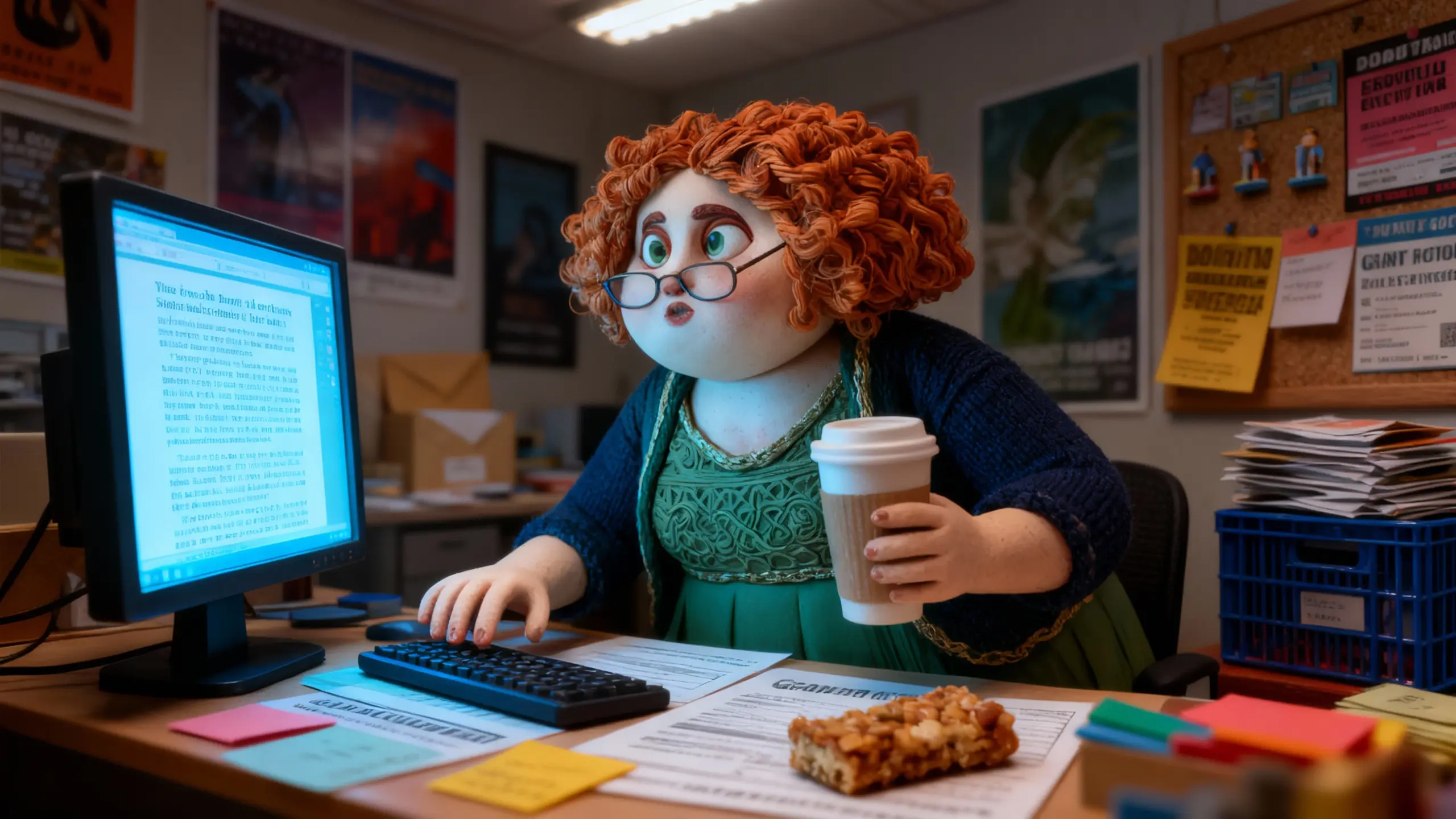 Patsy O’Connell works amid nonprofit office chaos, coffee in hand as she edits an article at her computer.