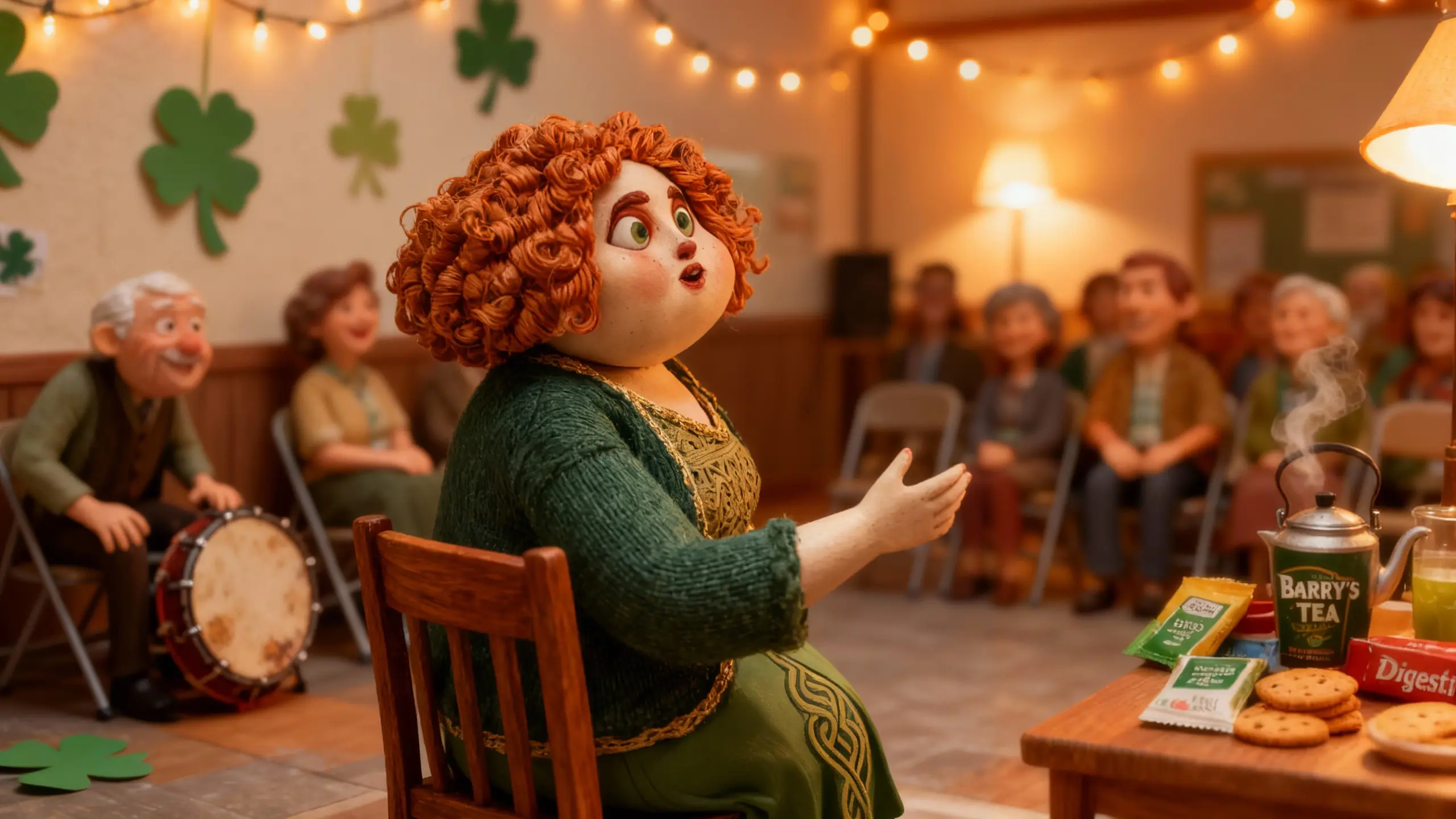 Patsy O’Connell leads an Irish storytelling night in Queens, animatedly sharing tales with the gathered crowd.