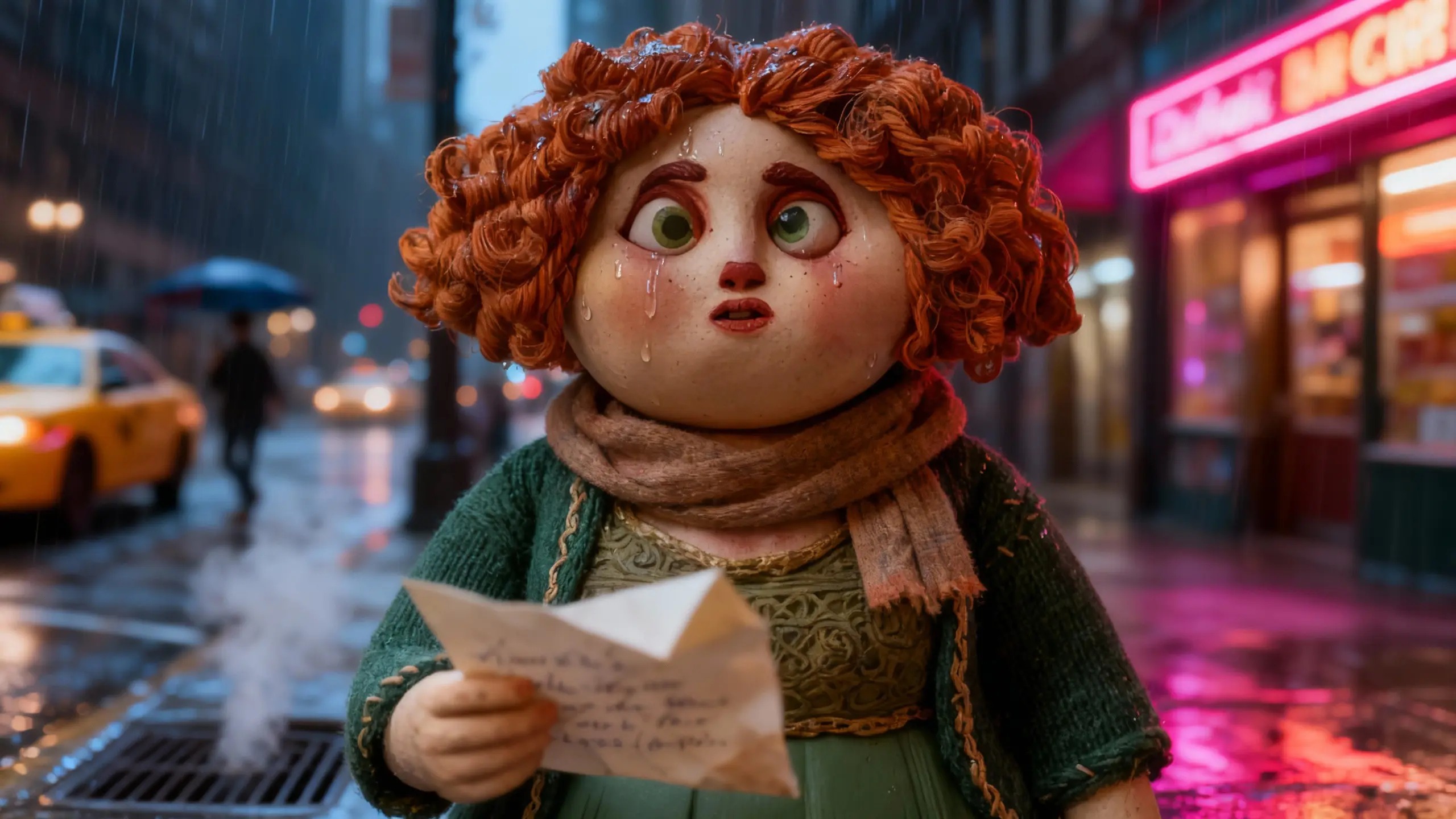 Patsy O’Connell stands heartbroken in the Manhattan rain, reading the letter that ended her relationship.