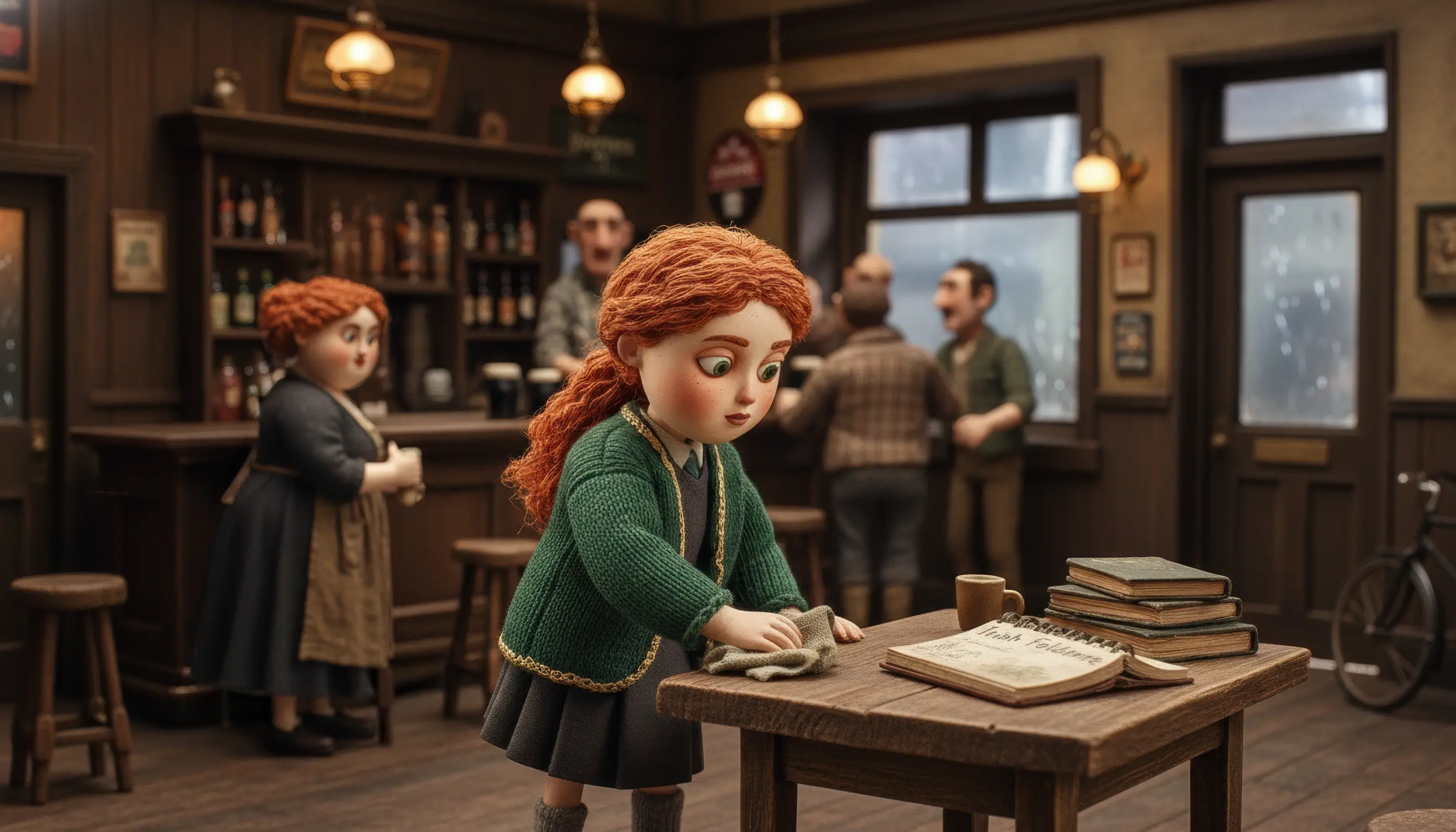 Patsy O’Connell as a schoolgirl wipes down a table in her mother’s busy Cleggan pub after school.