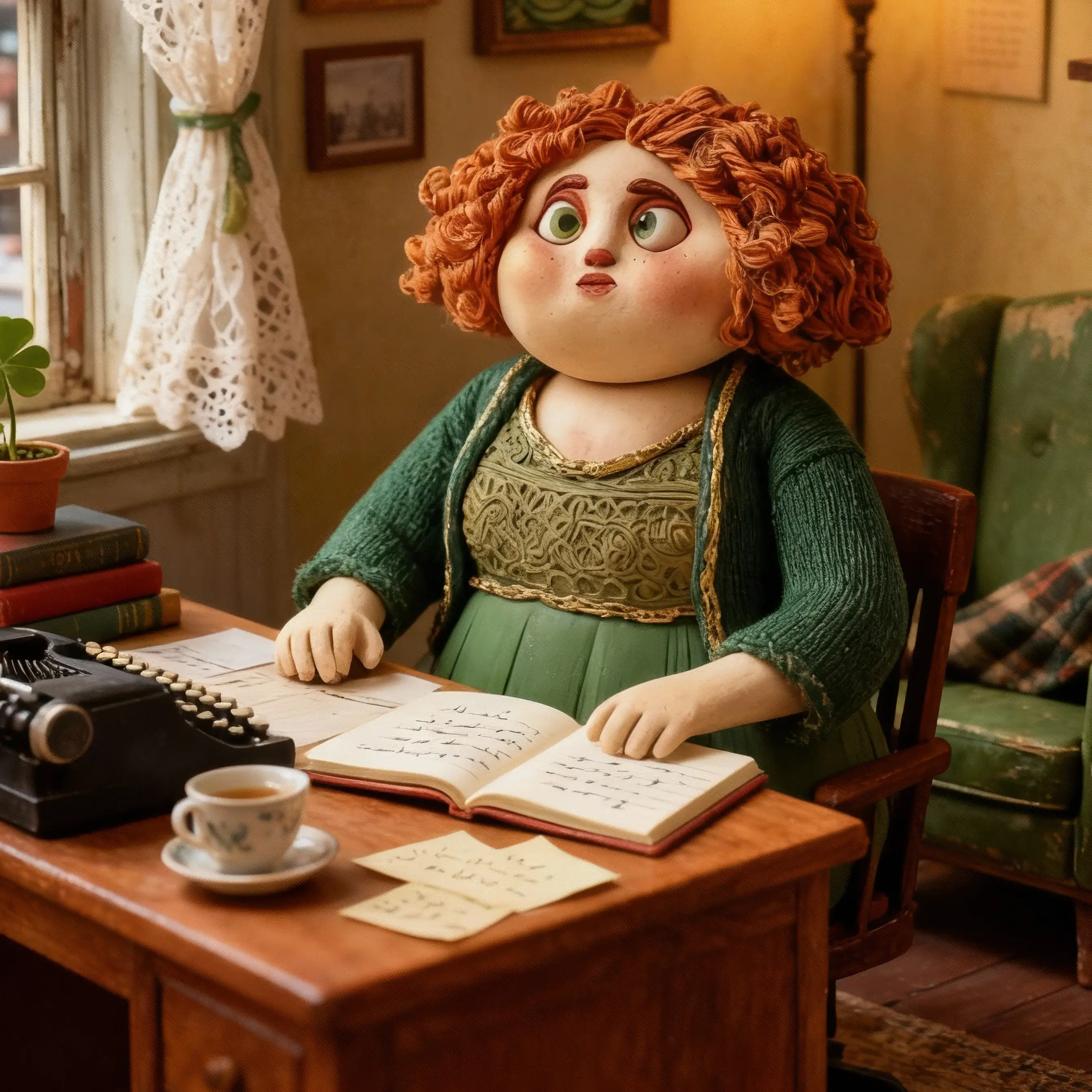 Patsy O’Connell sits at her cosy apartment desk, writing intently in her notebook beside a teacup and typewriter.