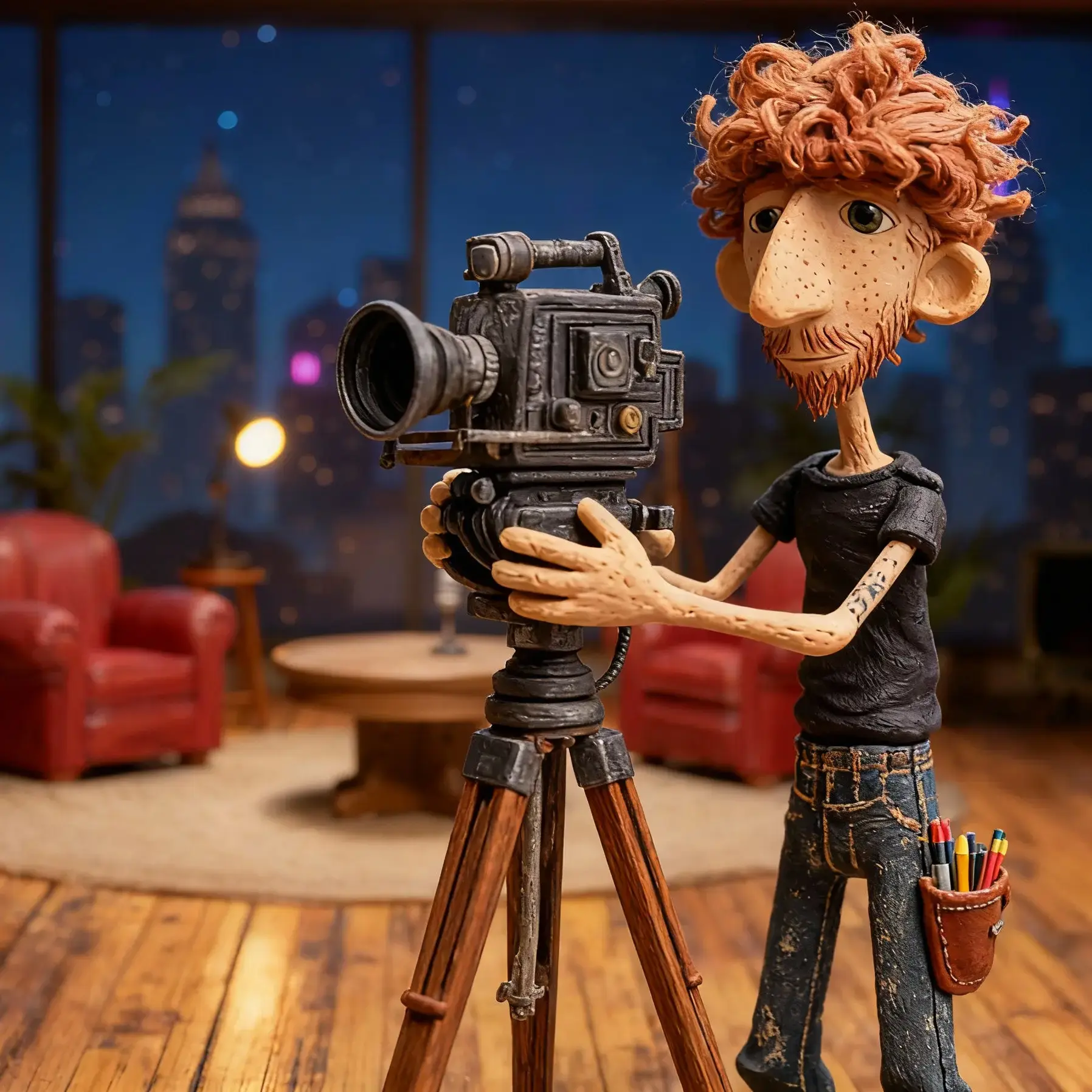 Derek Mullins steadying a camera amid studio lights.