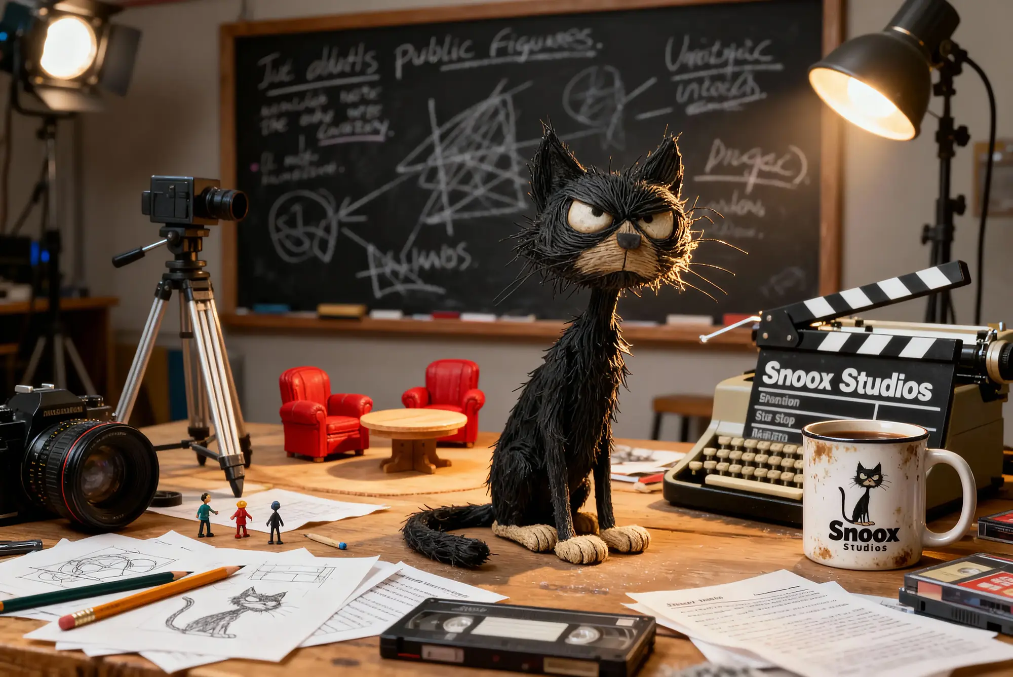 A scruffy black cat sits on a cluttered studio workbench with film gear, a Snoox Studios mug, and a miniature talk show set in the background.